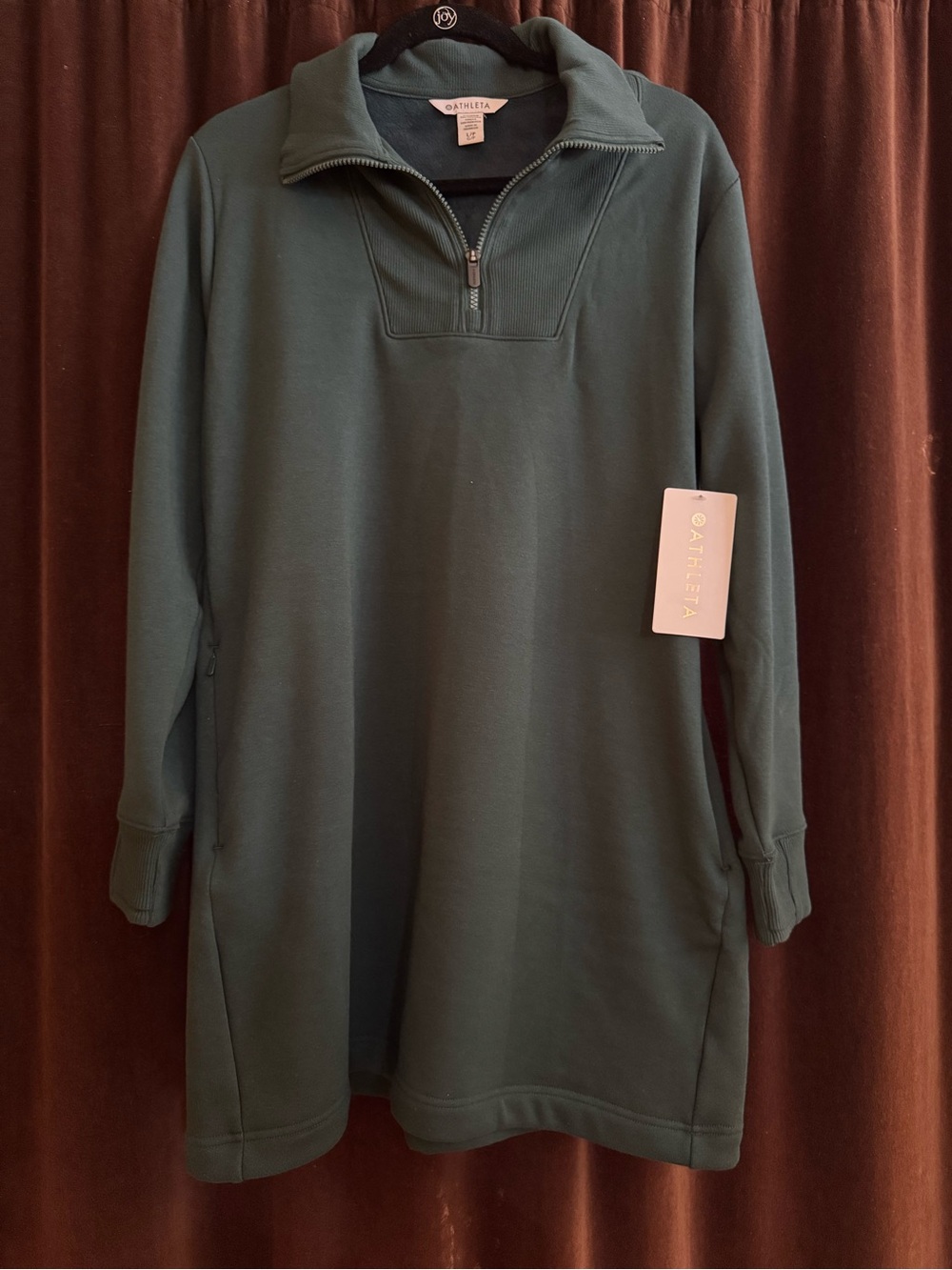 NWT Athleta Deep Green Cozy Karma 1/2 zip Zip Dress - Large Petite